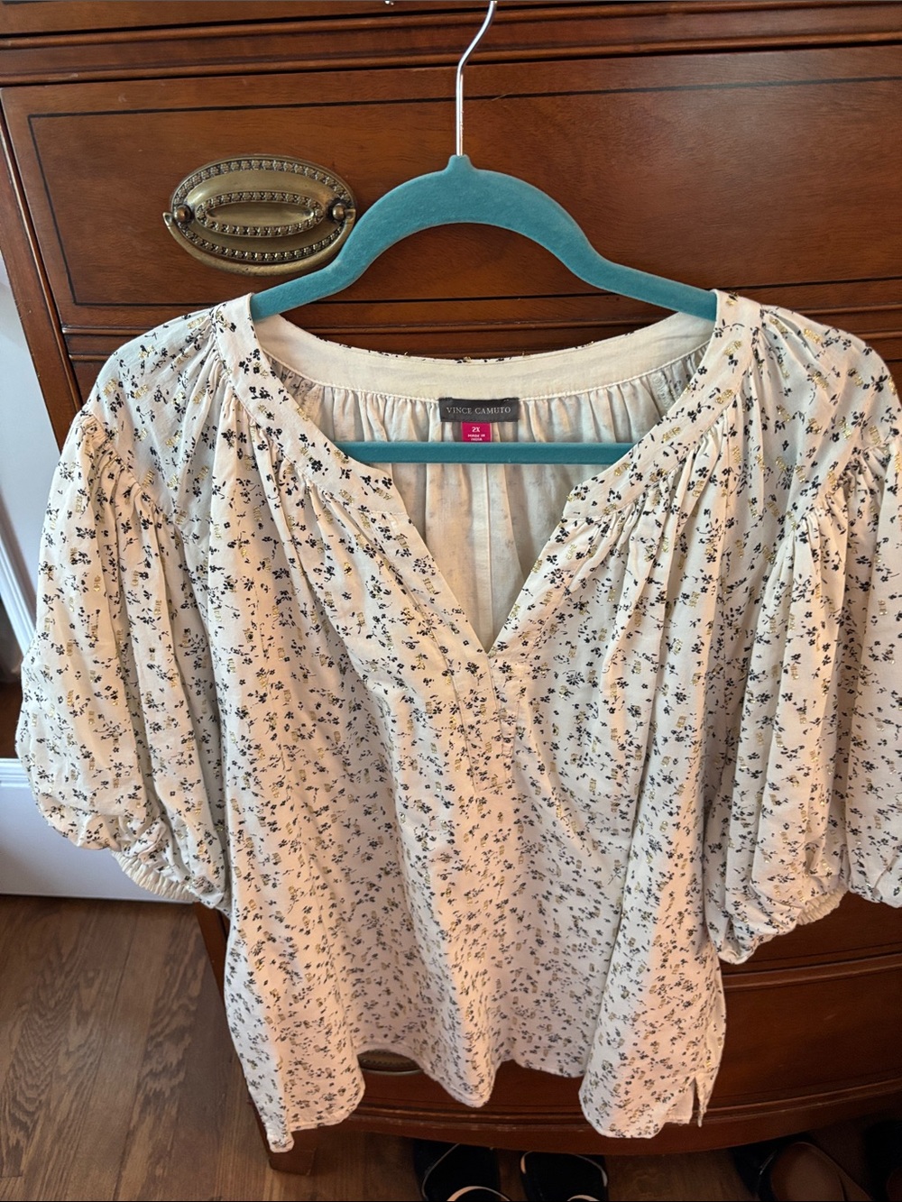 Vince Camuto Cream Blouse with Black, gold Floral Print